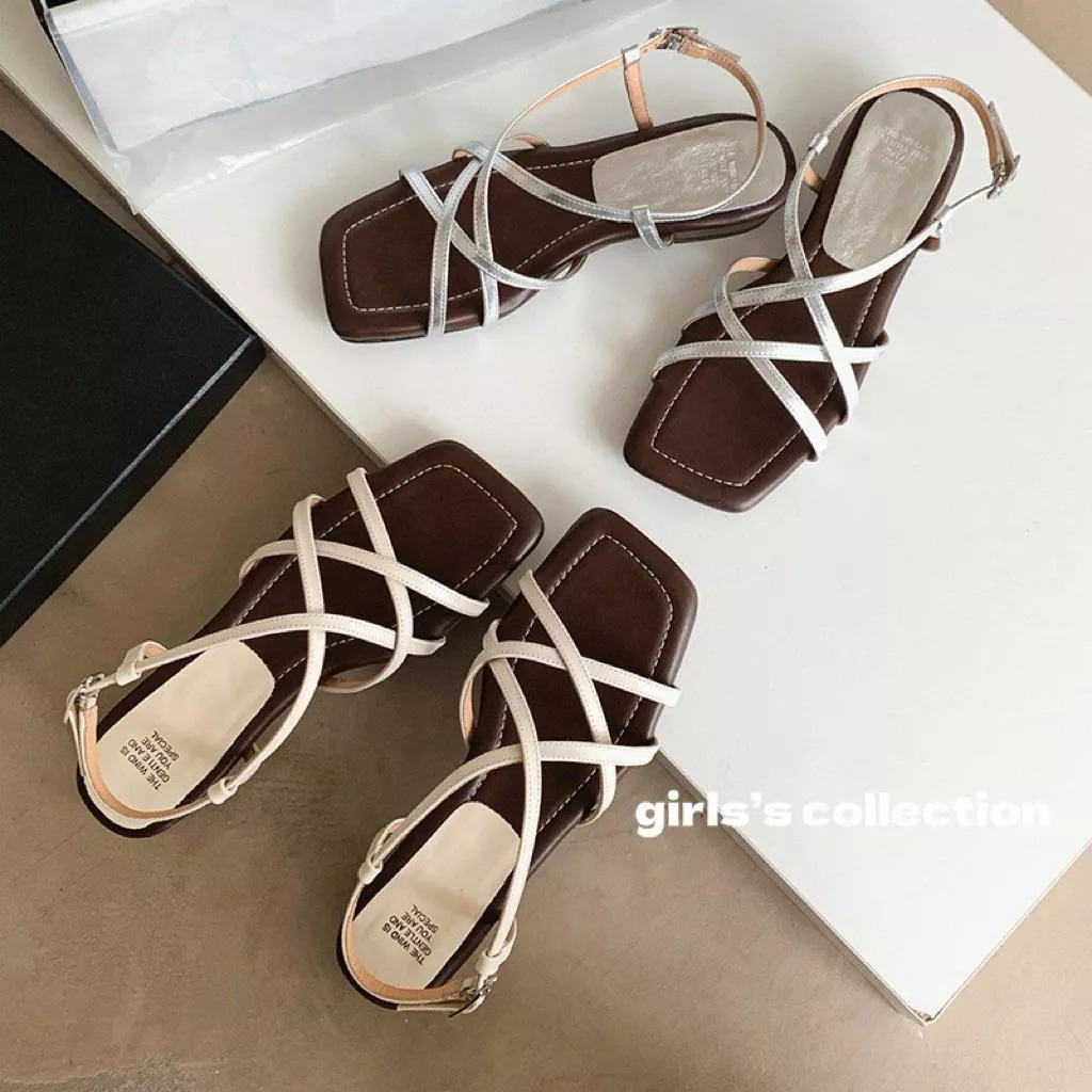 真皮涼鞋DANDT時尚羊皮交叉條帶通勤方頭低跟涼鞋（25 JUN LON)同風格請在賣場搜尋-歐美女鞋