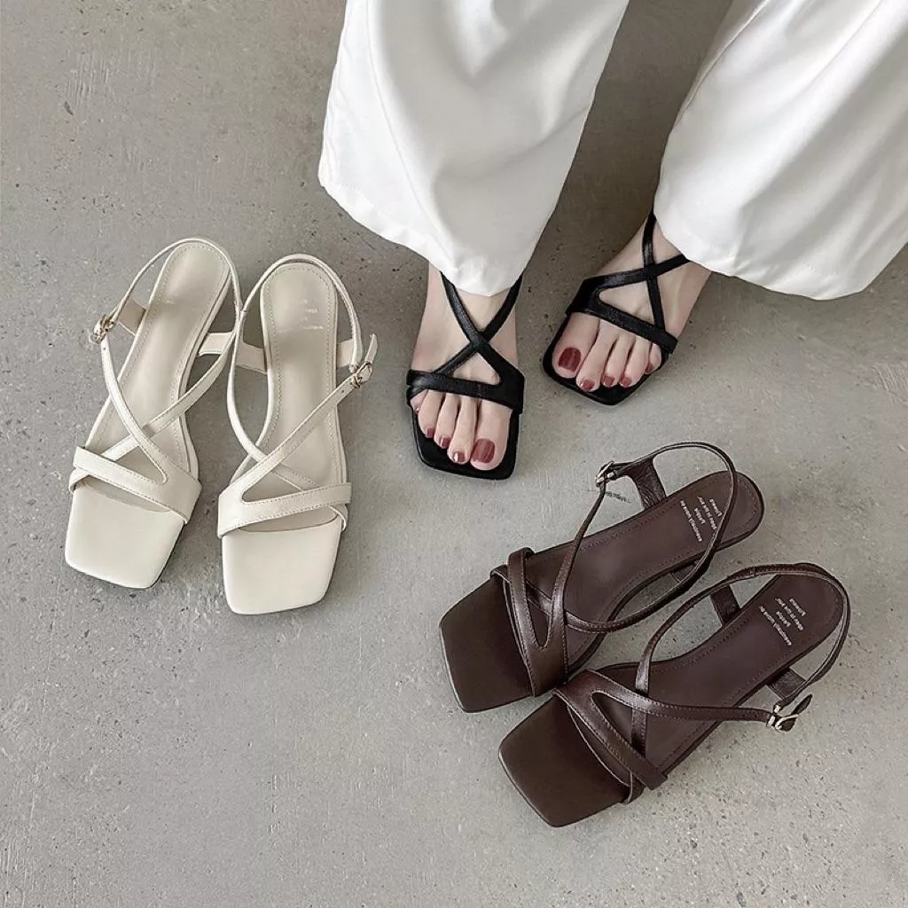真皮涼鞋DANDT時尚羊皮法式簡約交叉條帶坡跟涼鞋（25 JUN LON)同風格請在賣場搜尋-歐美女鞋