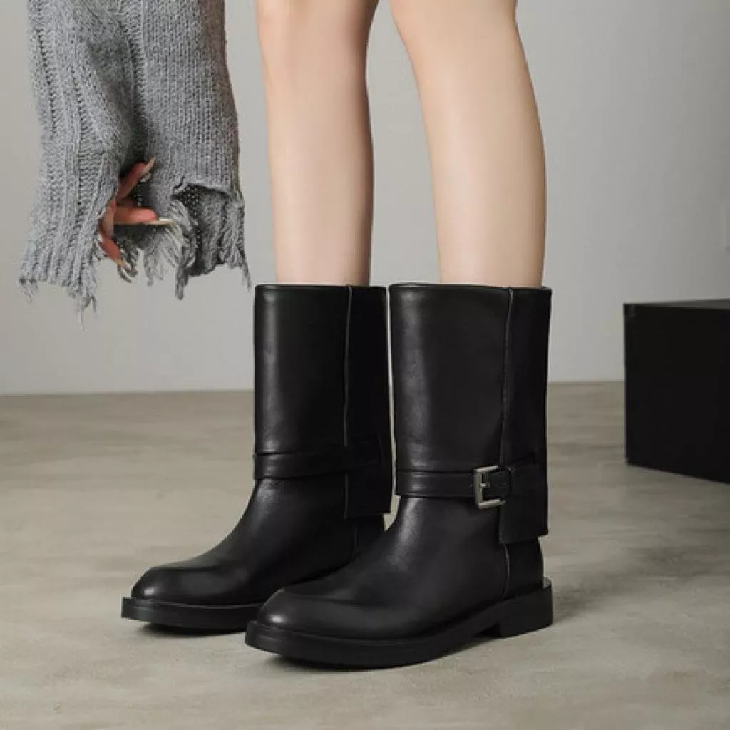 真皮長靴DANDT時尚小牛皮機車釦帶騎士套筒長靴（25 NOV LON)同風格請在賣場搜尋-歐美休閒鞋