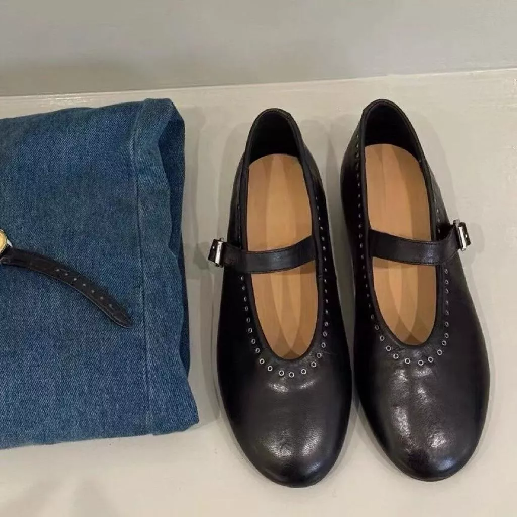 真皮平底鞋DANDT時尚牛皮一字帶圓孔鏤空瑪莉珍鞋（25 OCT TA)同風格請在賣場搜尋-歐美休閒鞋