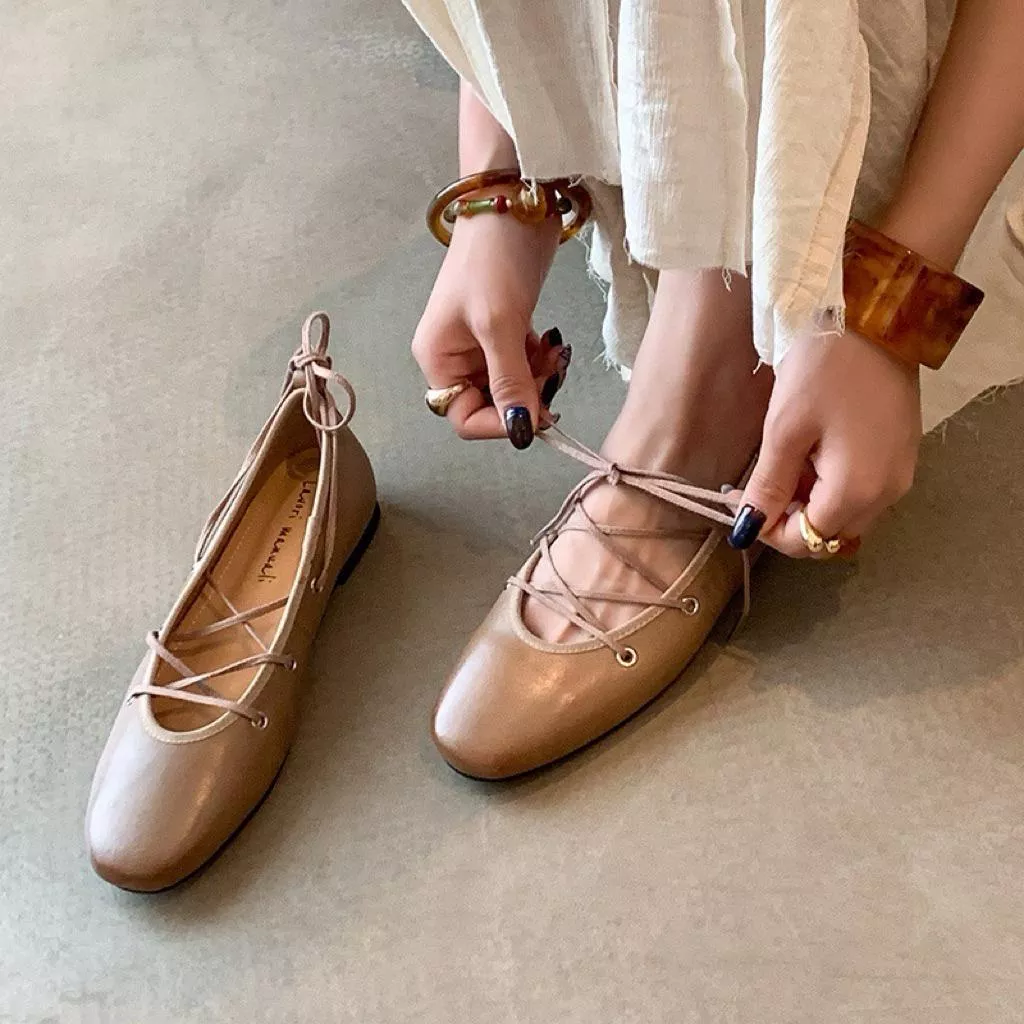 真皮單鞋DANDT時尚牛皮芭蕾舞綁帶平底鞋（25 SEP BHS)同風格請在賣場搜尋-歐美女鞋