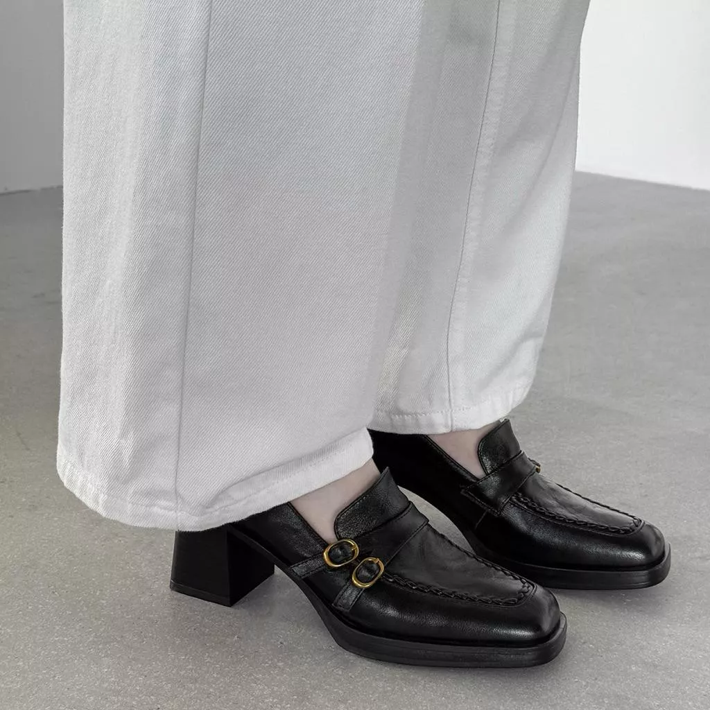 真皮跟鞋DANDT時尚羊皮復古皮帶釦方頭法式粗跟鞋（25 SEP LON)同風格請在賣場搜尋-歐美女鞋