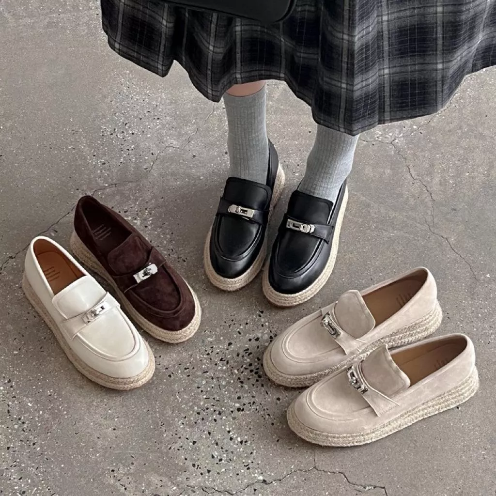 真皮樂福鞋DANDT時尚羊皮羊反絨金屬釦草編坡跟厚底樂福鞋（25 SEP BHS)同風格請在賣場搜尋-歐美女鞋