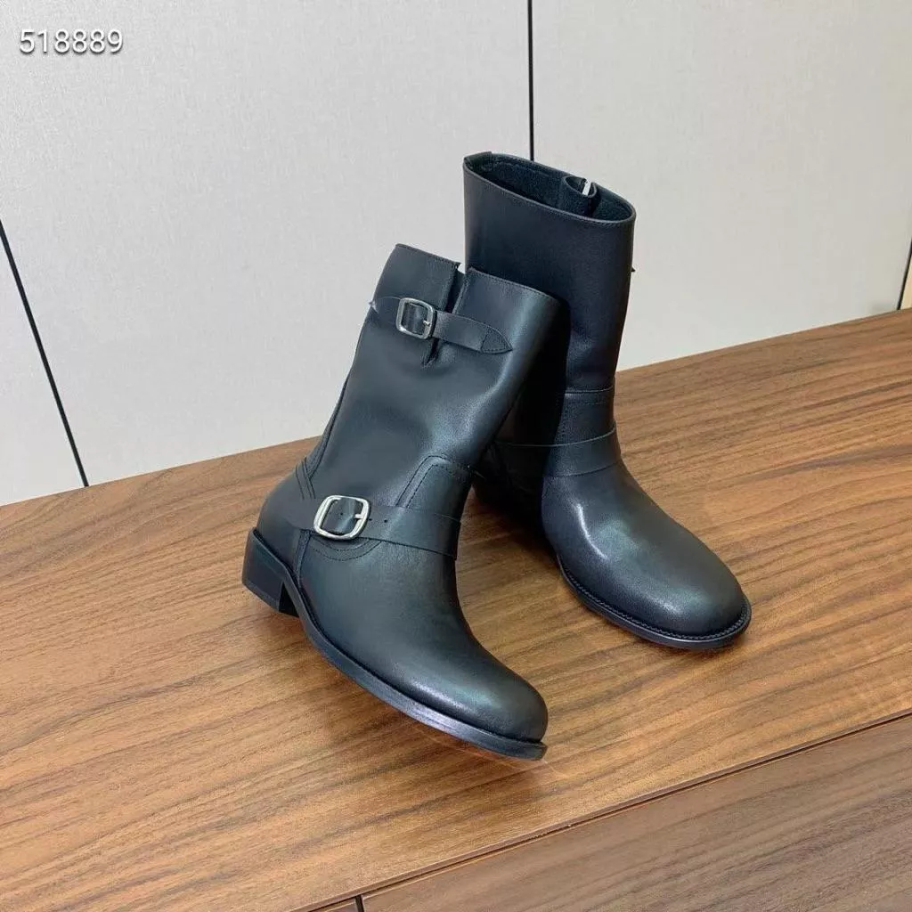 真皮短靴DANDT時尚牛皮雙釦帶西部套筒短靴（25 JUL AUG)同風格請在賣場搜尋-外銷女鞋