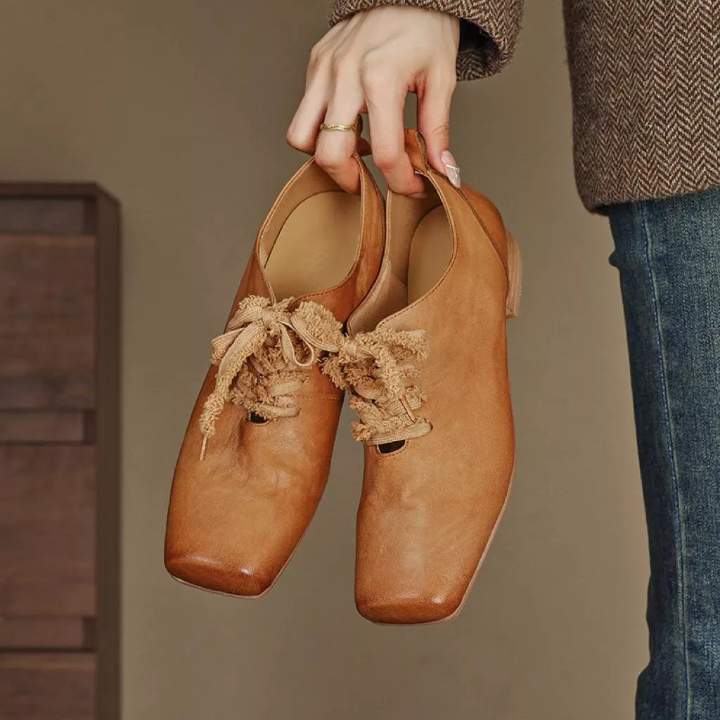 真皮但鞋DANDT時尚羊皮芭蕾繫帶復古文藝單鞋（25 AUG LON)同風格請在賣場搜尋-歐美女鞋