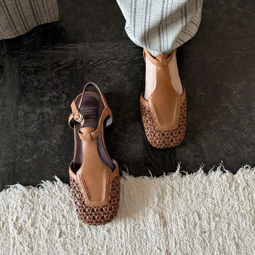 真皮涼鞋DANDT時尚牛皮編織方頭後空平底涼鞋（26 MAR LON)同風格請在賣場搜尋-歐美女鞋