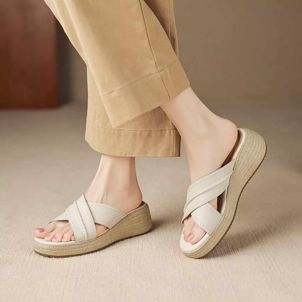 真皮涼拖DANDT時尚羊皮交叉帶草編厚底拖鞋（26 MAR LON)同風格請在賣場搜尋-歐美女鞋