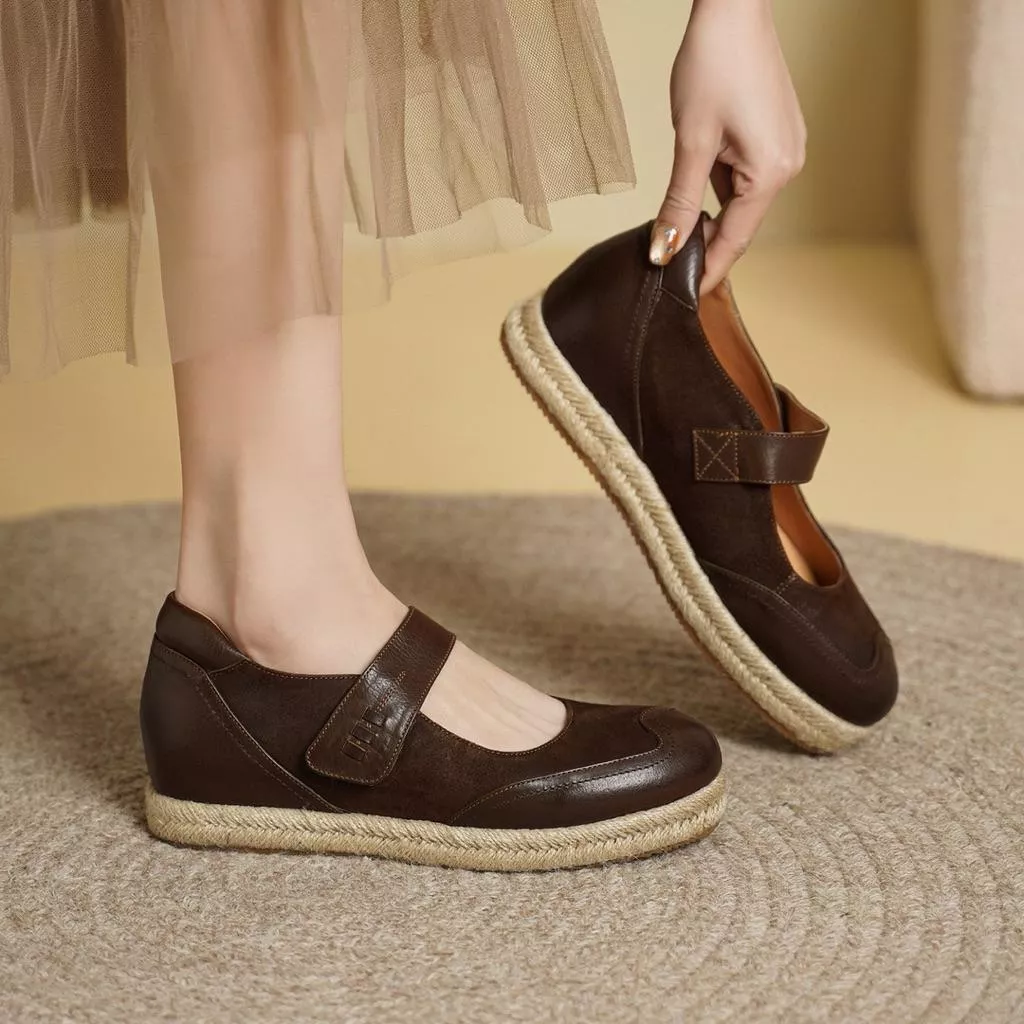 真皮單鞋DANDT時尚牛皮背空一字帶草編內增高休閒鞋（26 MAR LON)同風格請在賣場搜尋-歐美女鞋