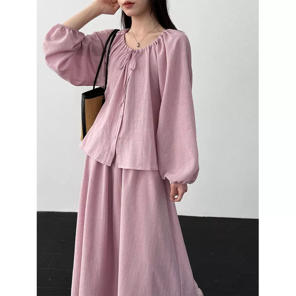 DANDT 韓系溫柔風抽繩小衫+垂感A字半裙女26春季新款通勤套裝3763(26 MAR LUC)