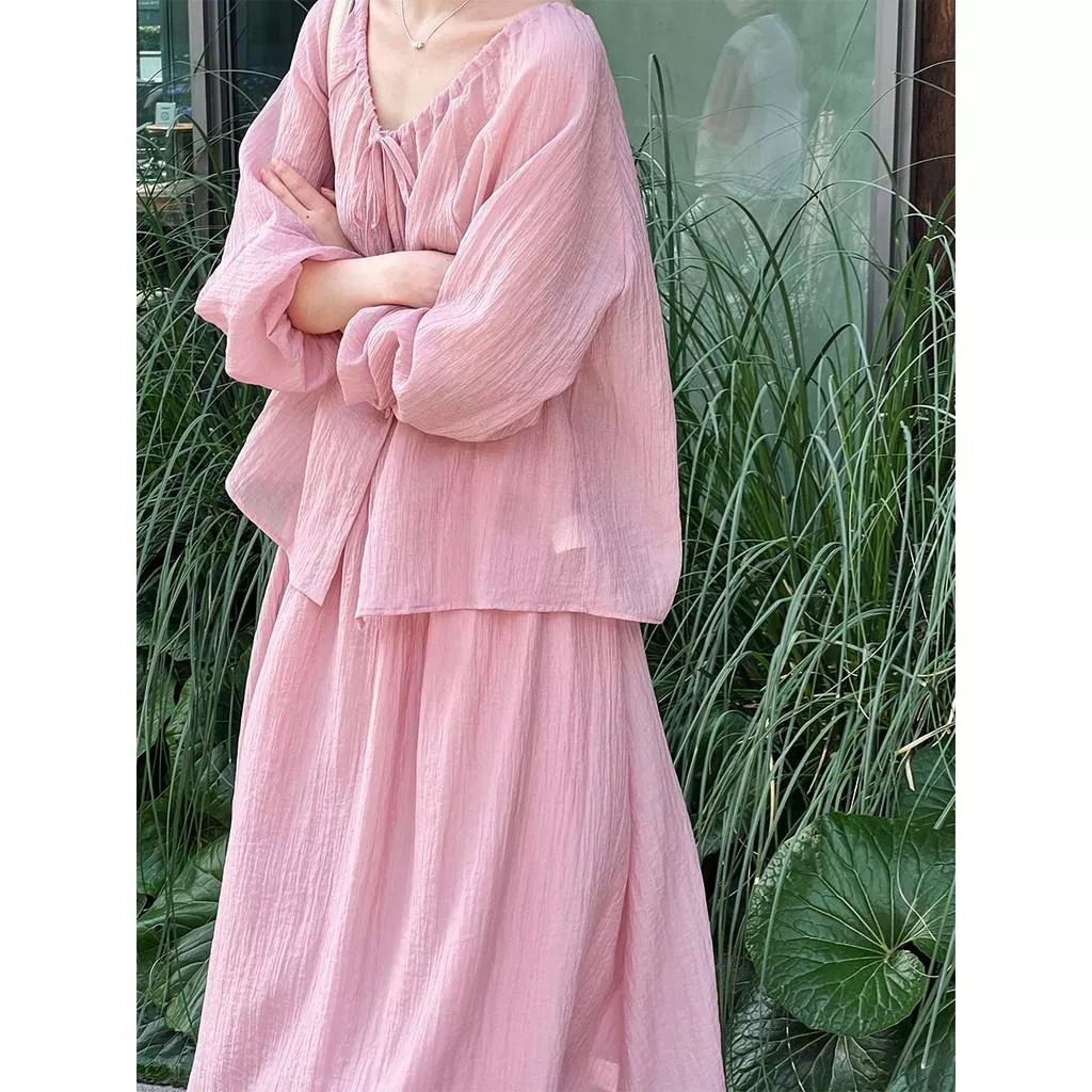 DANDT 溫柔氣質抽繩繫帶褶皺防曬襯衫+半身裙兩件套度假風套裝3238(26 MAR LUC)