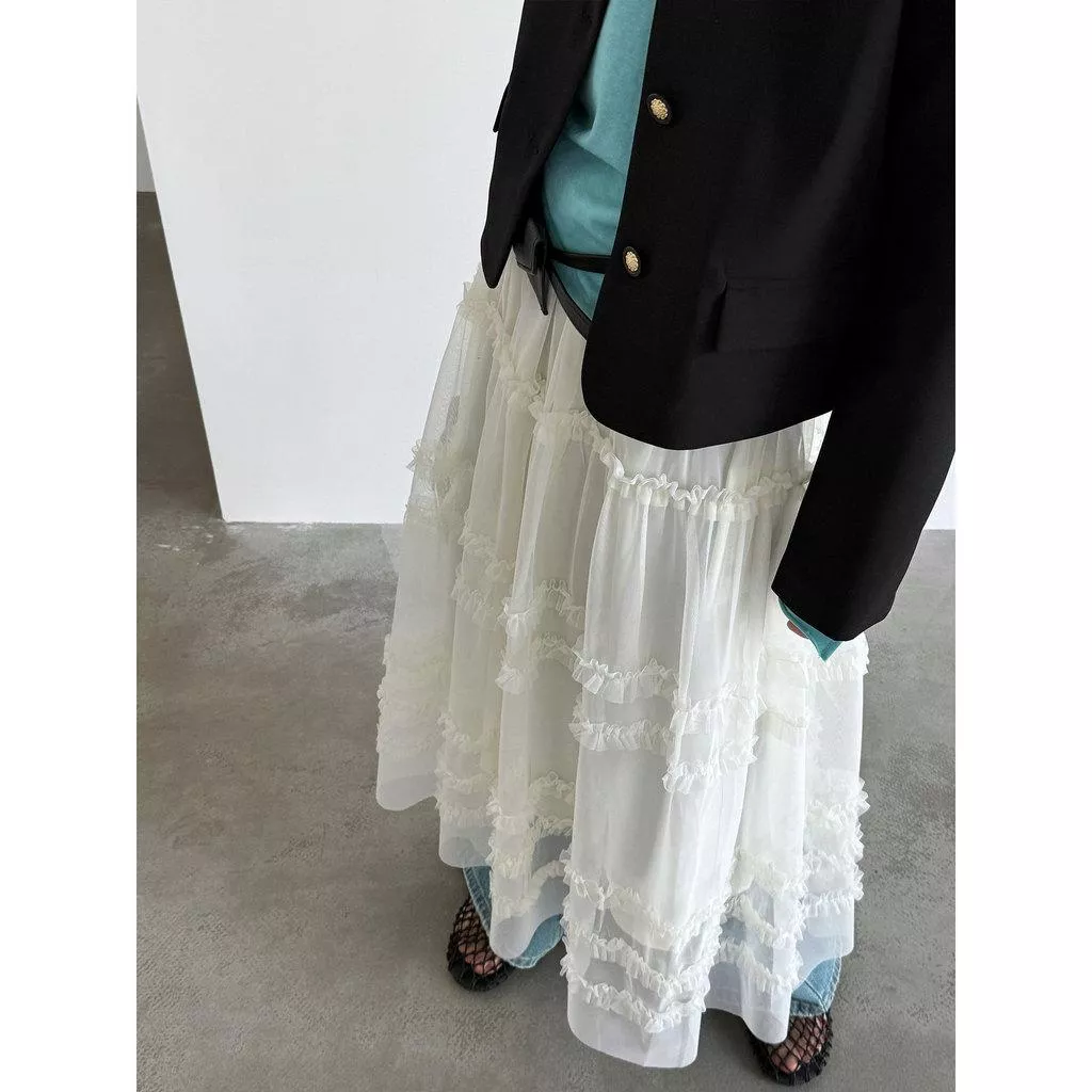 DANDT 高級感木耳邊溫柔氣質網紗長裙女2026春季新款a字蛋糕裙3883(26 MAR LUC)