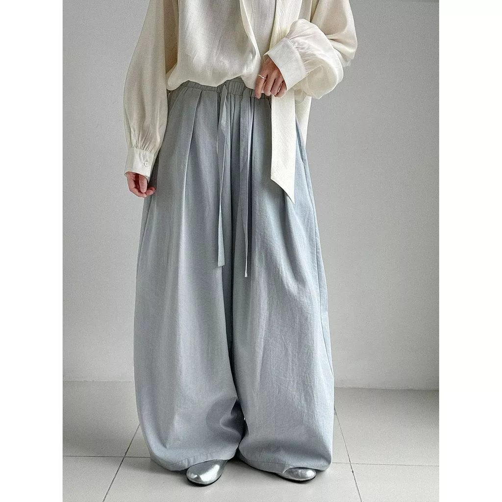 DANDT 日系簡約鬆緊腰抽繩垂感休閒褲女早春新鬆弛感闊腿長褲1781(26 MAR LUC)