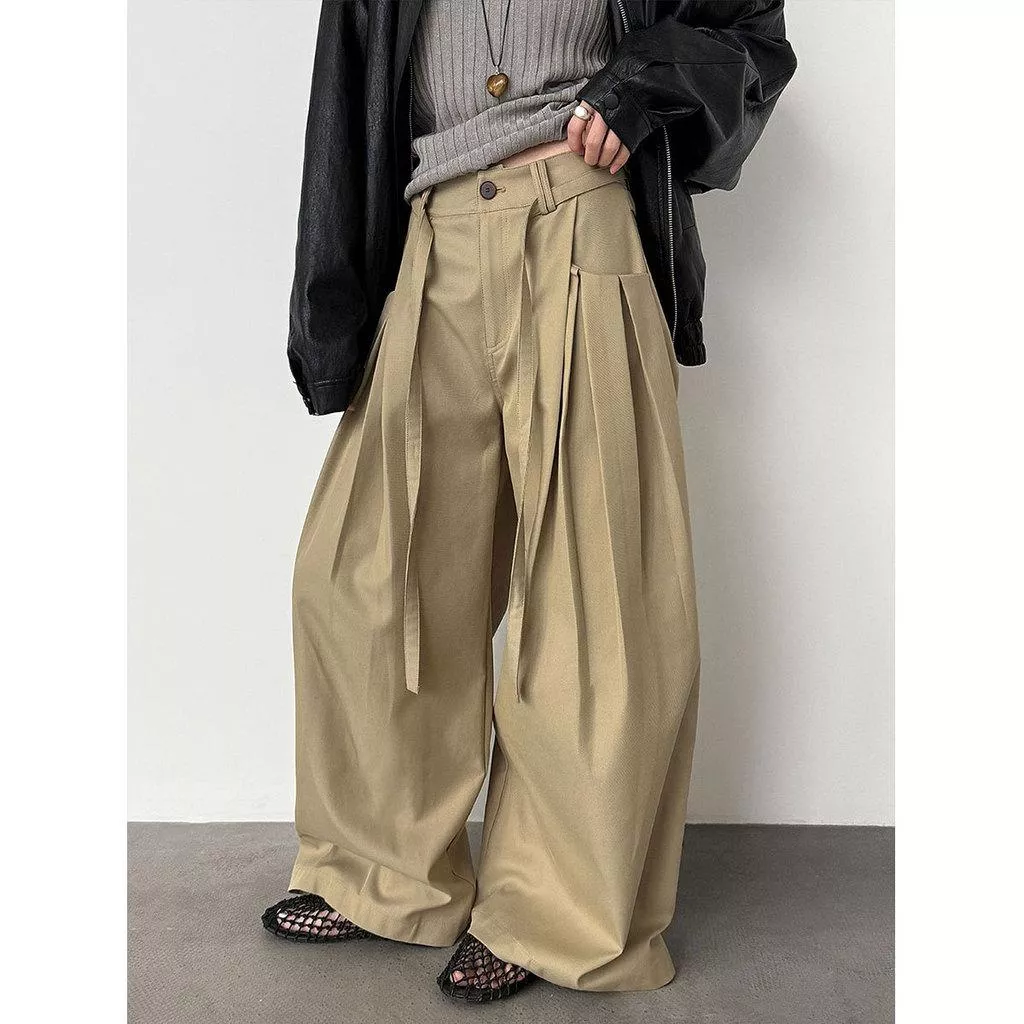DANDT 韓系設計感腰部繫帶闊腿褲女26春季新款收褶百搭休閒褲1799(26 MAR LUC)