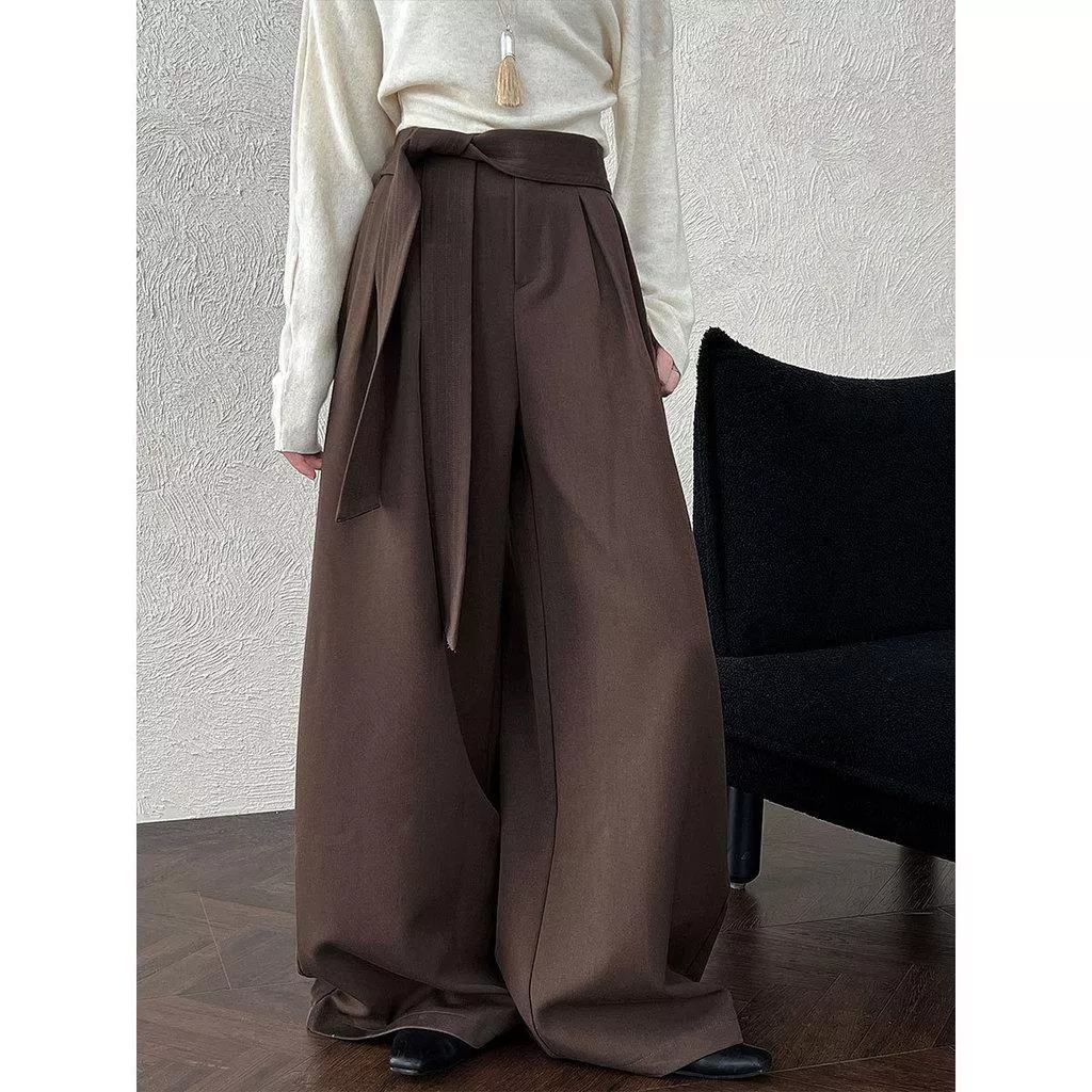 DANDT 復古設計感綁帶立體褶皺闊腿褲女秋季新款休閒直筒長褲1708(26 MAR LUC)