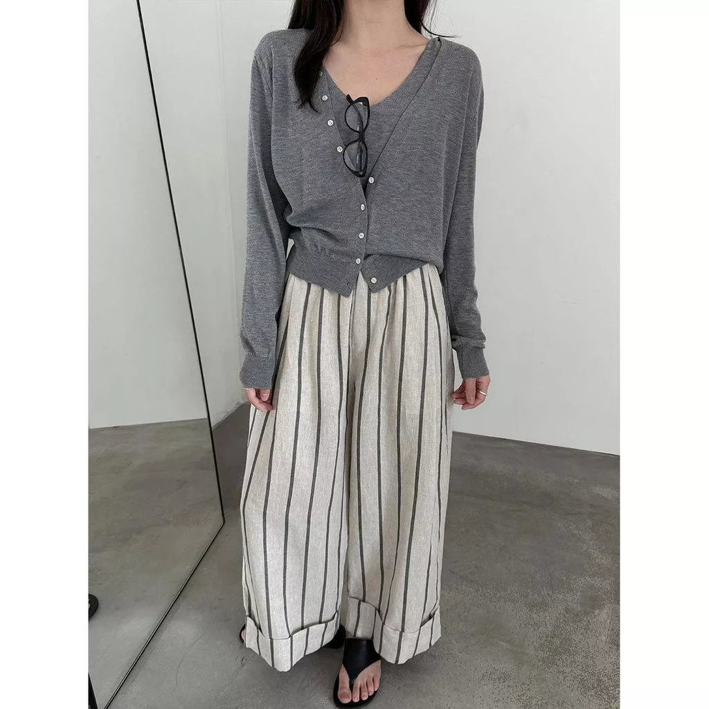 DANDT 日系復古亞麻卷邊休閒褲2026春季新款豎條紋九分闊腿褲89028(26 MAR LUC)