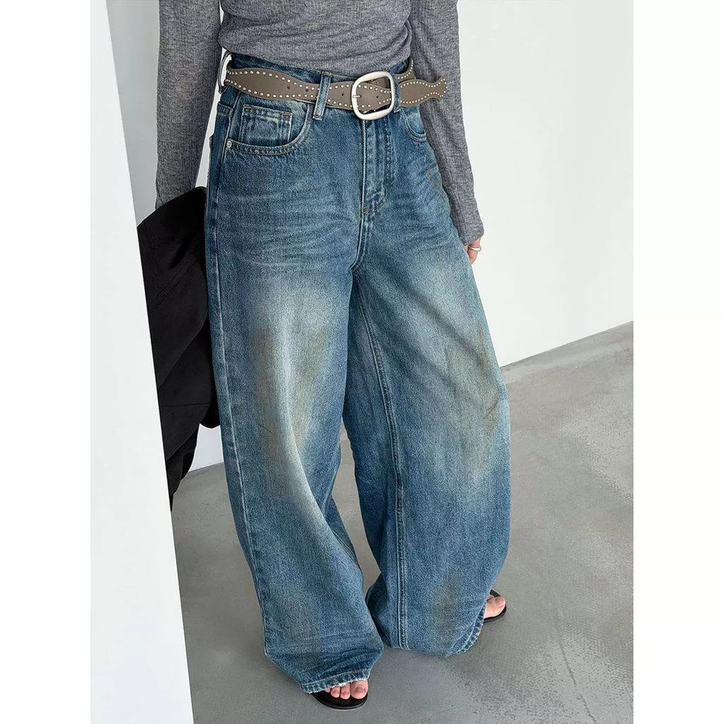 DANDT 美式復古闊腿水洗做舊配鉚釘腰帶牛仔褲26春款闊腿長褲22017(26 MAR LUC)
