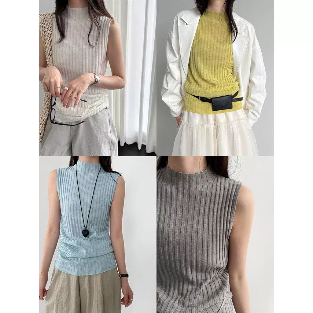 DANDT 半高領簡約無袖針織背心女26春新款修身綁帶打底上衣ss1000(26 MAR LUC)