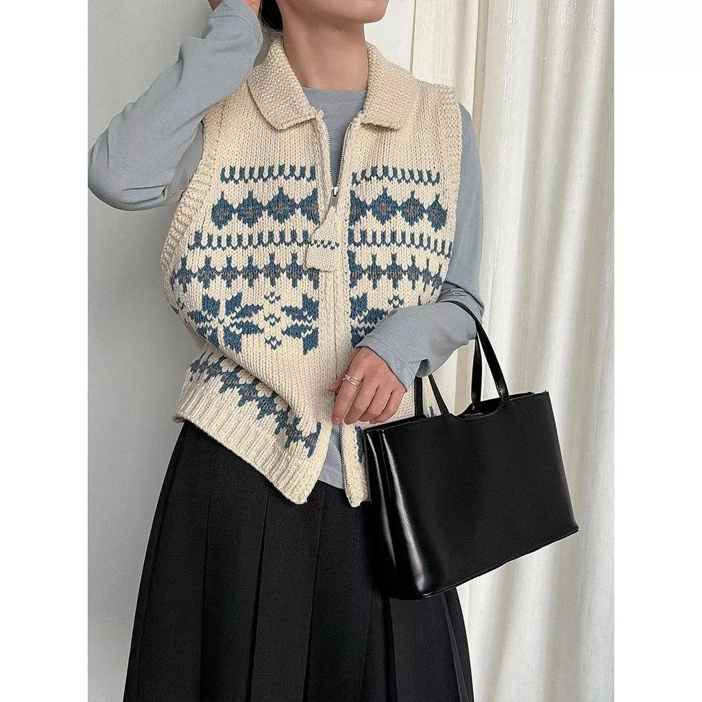 DANDT 費爾島提花雙拉鍊翻領套頭毛衣2026早春疊穿針織衫馬甲ss982(26 MAR LUC)