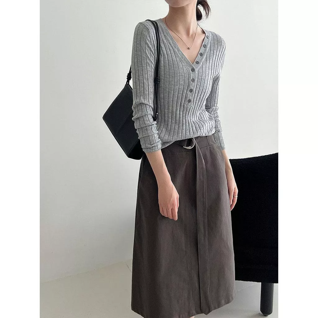 DANDT 韓系高腰包臀扣袢半裙女26早春新款通勤智感顯瘦A字中裙1723(26 MAR LUC)