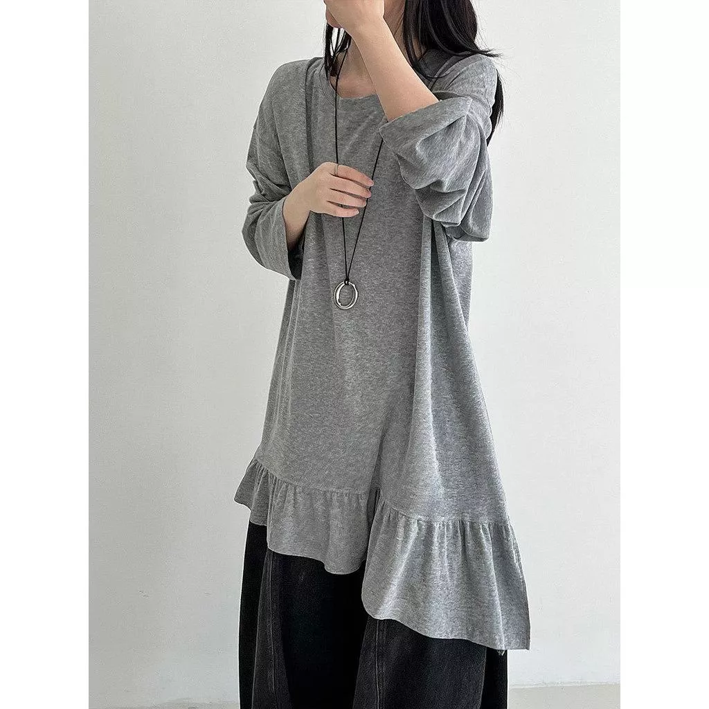 DANDT 韓系拼接垂墜感拼接荷葉邊T恤女早春新款設計感長袖上衣2103(26 MAR LUC)