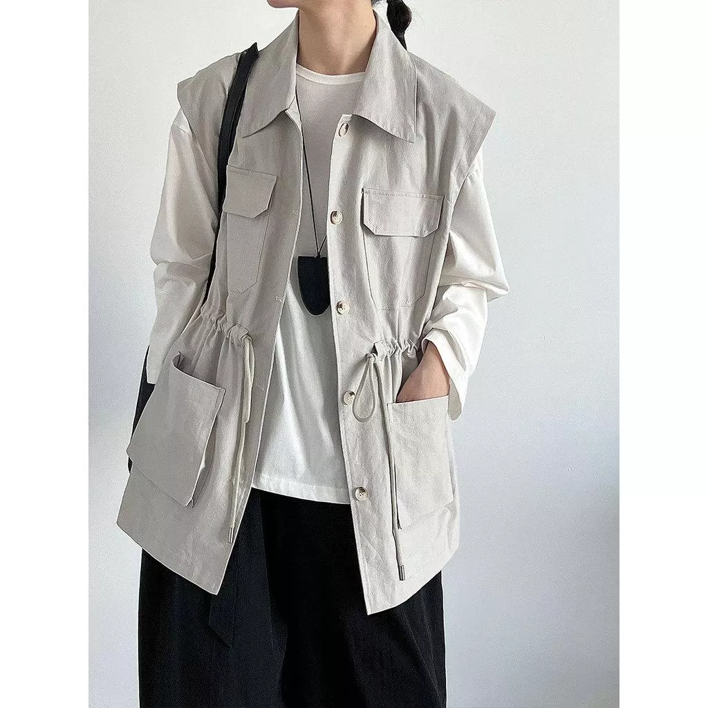 DANDT 美式設計感工裝風馬甲女秋季新款抽繩收腰口袋無袖上衣7123(26 MAR LUC)