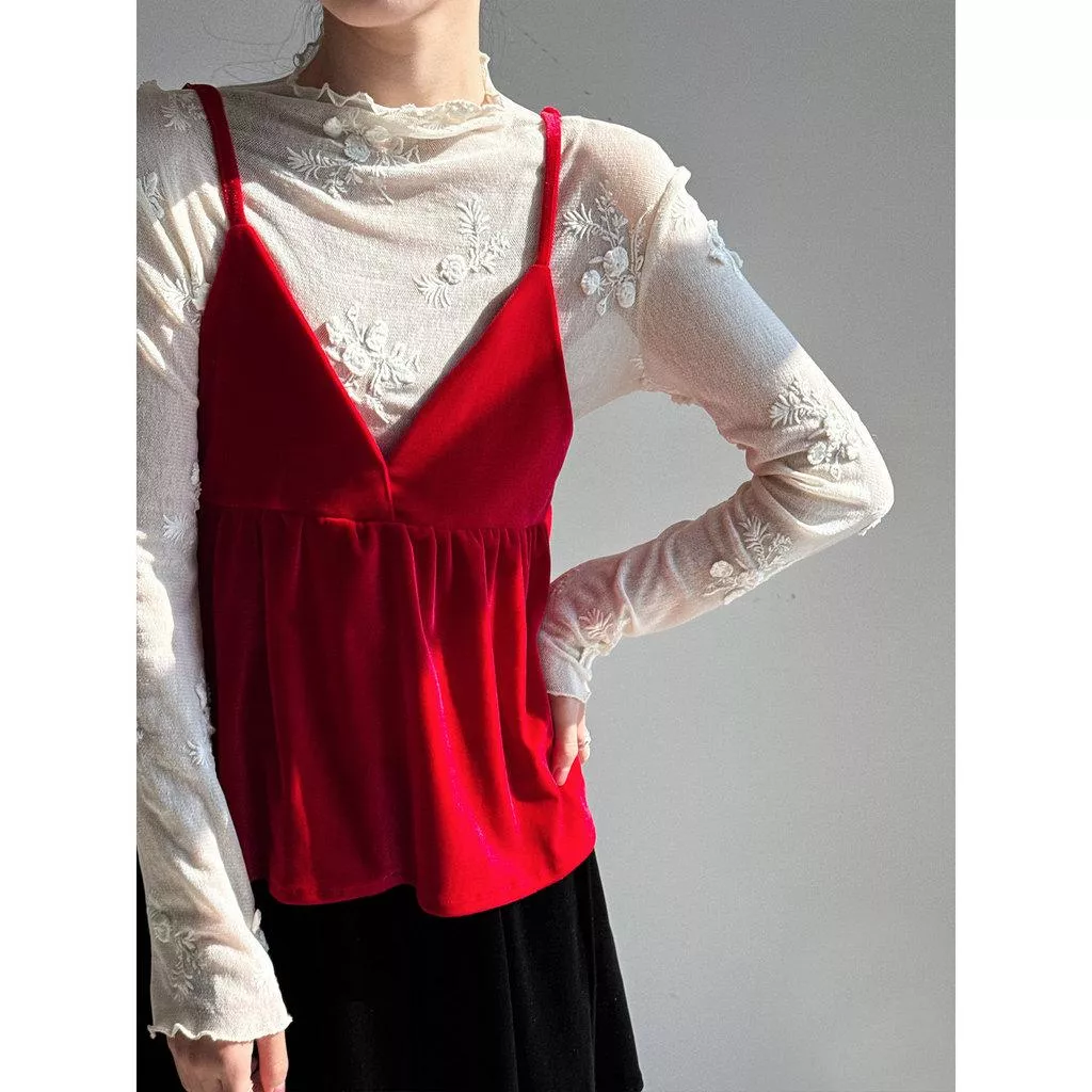 DANDT 韓系氣質疊穿高級感絲絨吊帶背心女春新款v領遮肉上衣99017(26 MAR LUC)