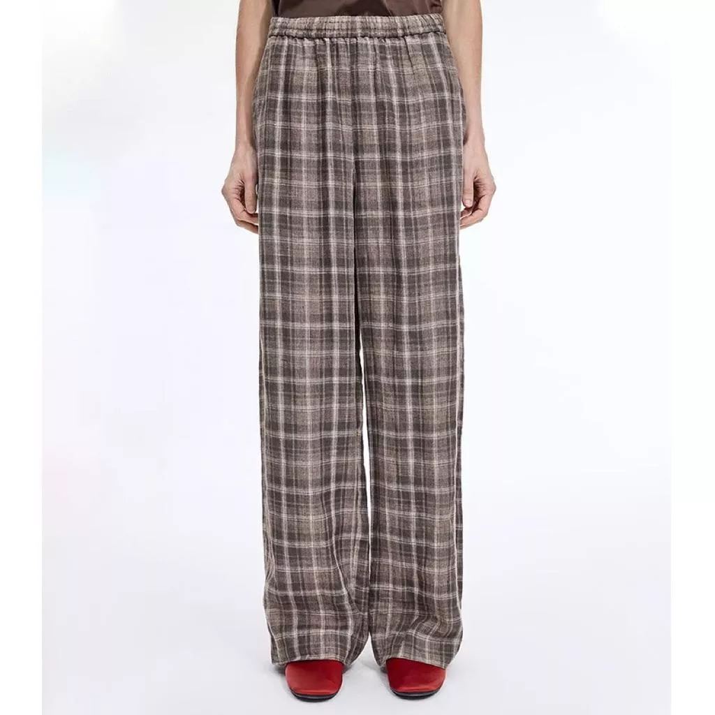 長褲DANDT時尚格紋亞麻鬆緊腰闊腿長褲（26 MAR IAN2)同風格請在賣場搜尋-歐美服飾