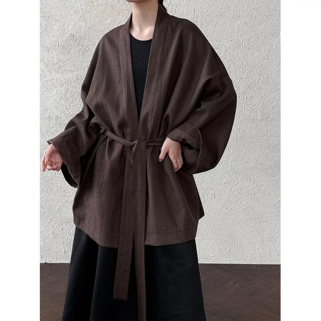 DANDT 日系慵懶道袍高級感女秋季新款純色中長款綁帶風衣外套8503(26 MAR LUC)