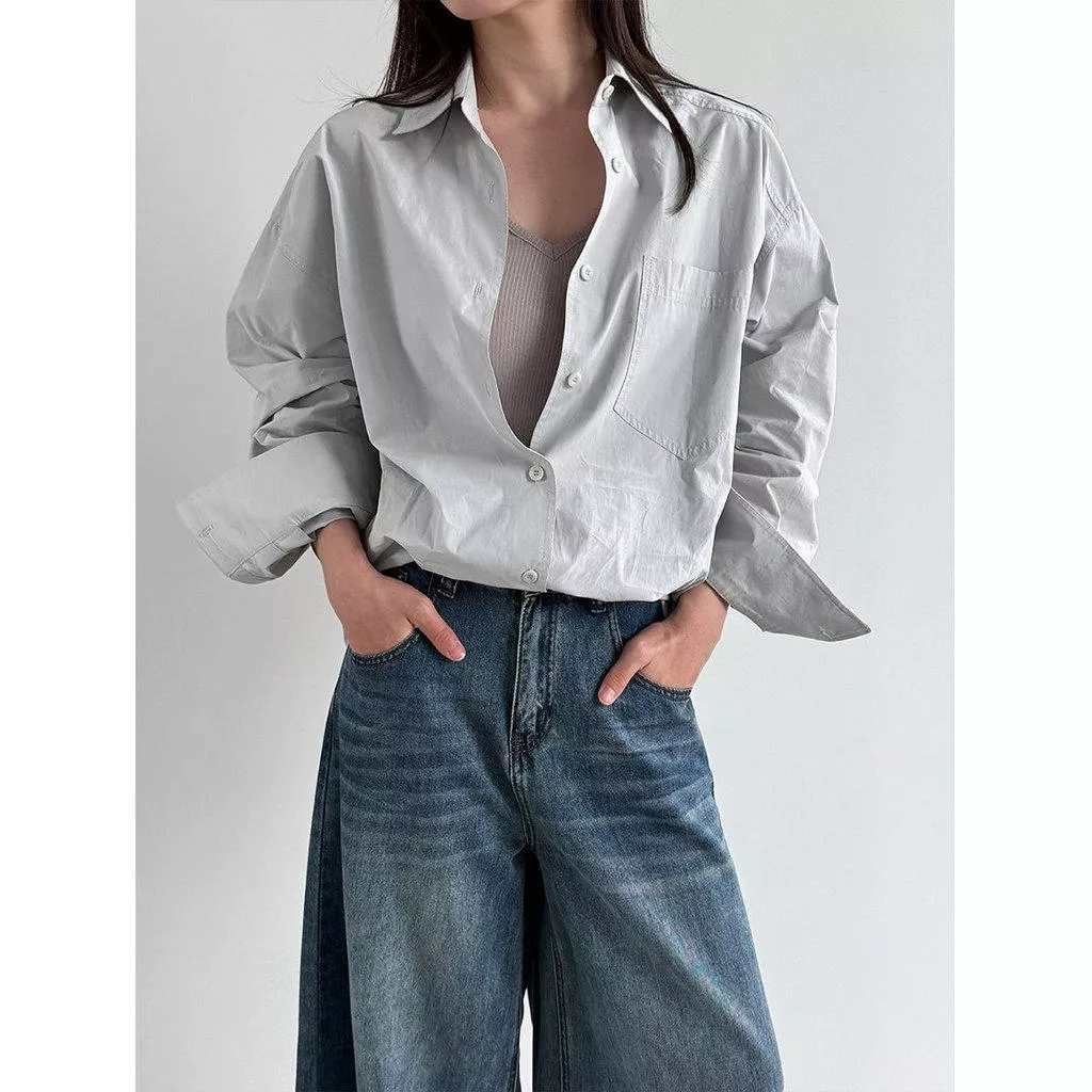DANDT 韓系慵懶風落肩疊穿襯衫女26春季新百搭通勤防曬衣外套5212(26 MAR LUC)