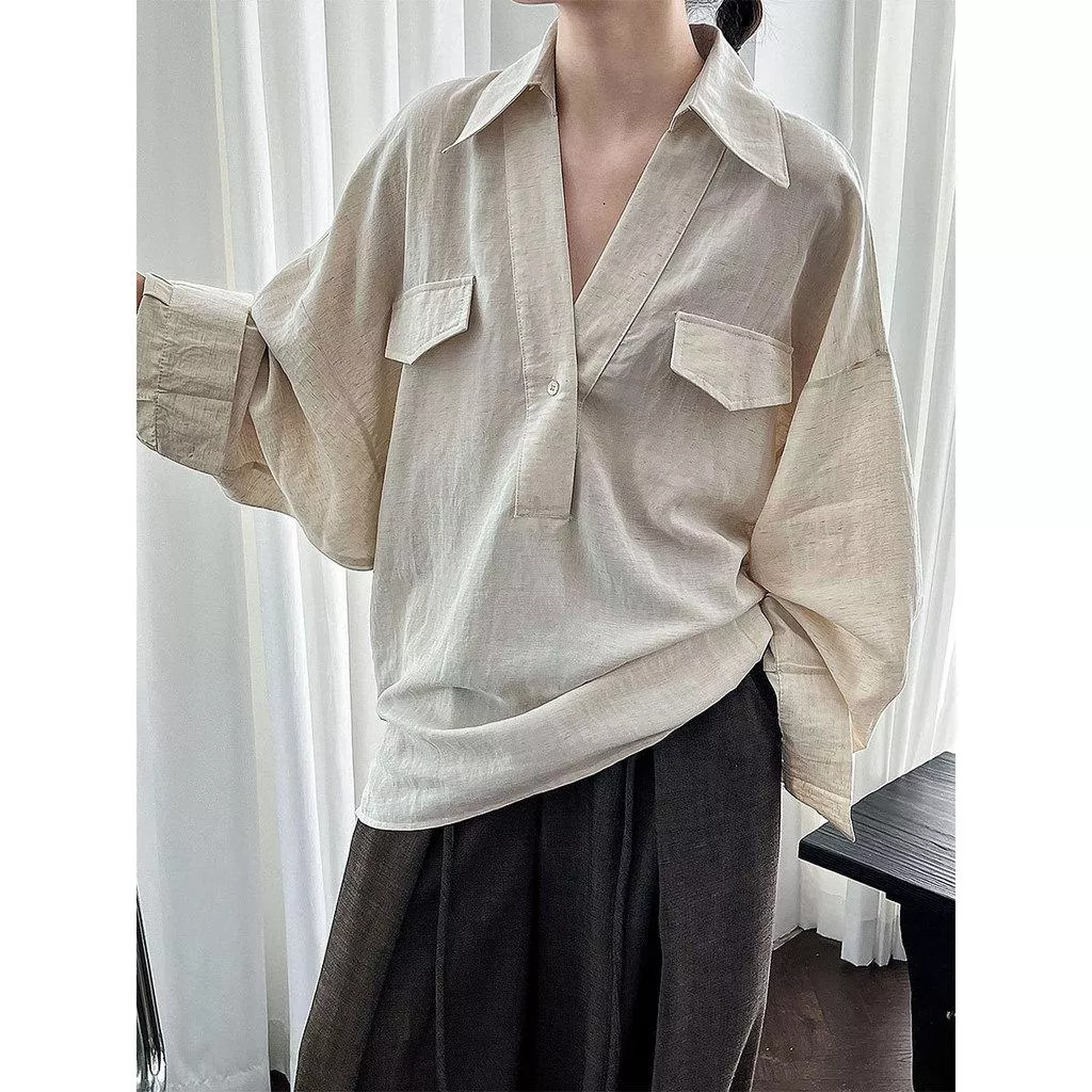 DANDT 韓系V領亞麻襯衫女長袖秋季新款氣質博主鬆弛感設計襯衣3711(26 MAR LUC)