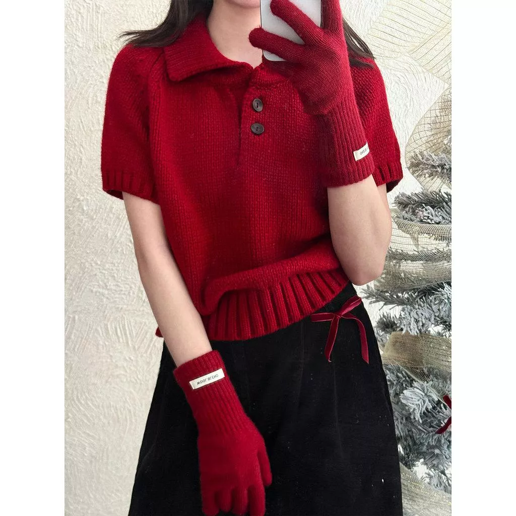 DANDT 韓系簡約Polo領針織衫女冬季新款氣質疊穿顯瘦短袖毛衣ss959(26 MAR LUC)