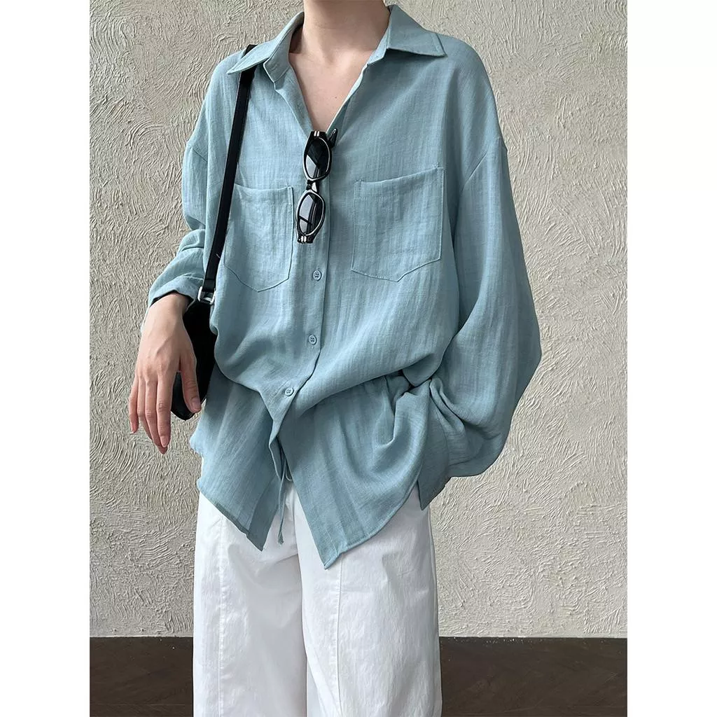 DANDT 肌理感慵懶風襯衫外搭腰部抽繩女夏新款韓系輕薄長袖衫9761(26 MAR LUC)