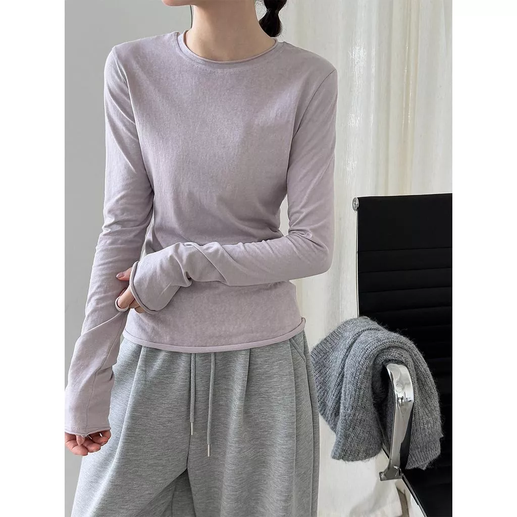 DANDT 韓系百搭卷邊圓領T恤打底衫女秋季新款長袖內搭修身上衣2013(26 MAR LUC)