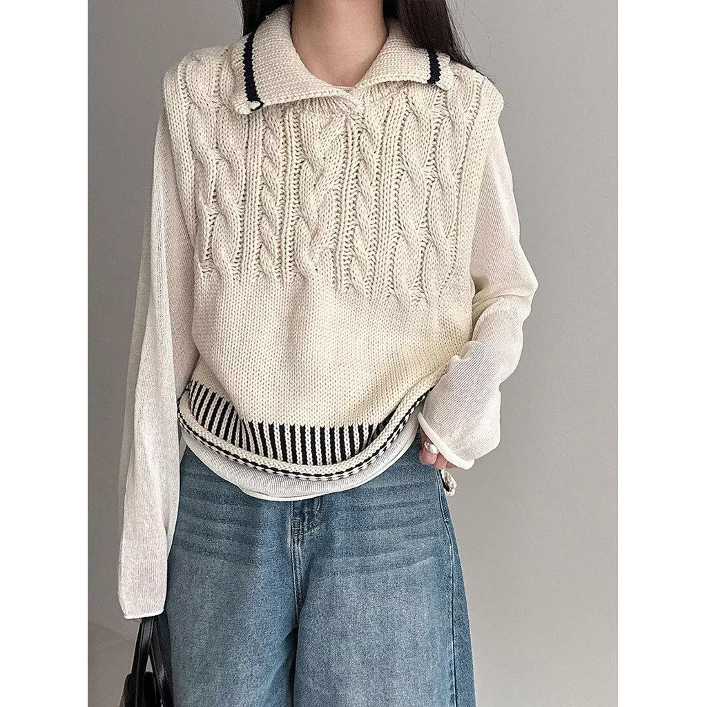 DANDT 學院風撞色翻領羊毛針織馬甲女26春季百搭疊穿背心上衣ss990(26 MAR LUC)