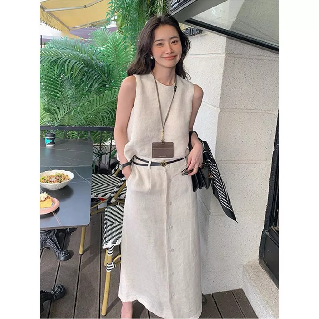 套裝DANDT時尚亞麻圓領無袖中長A字裙套裝（26 MAR IAN2)同風格請在賣場搜尋-歐美服飾