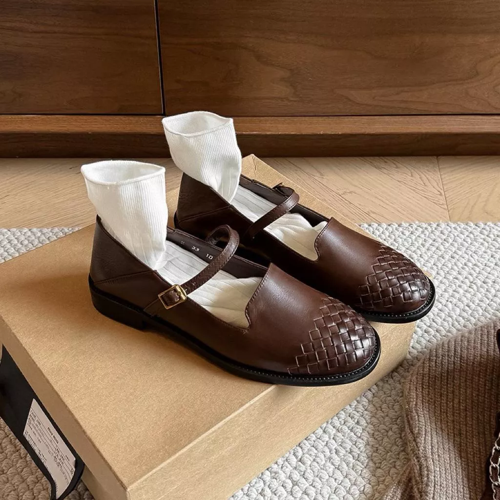 真皮單鞋DANDT時尚水洗牛皮編織粗跟瑪麗珍鞋（26 FEB LON)同風格請在賣場搜尋-歐美女鞋