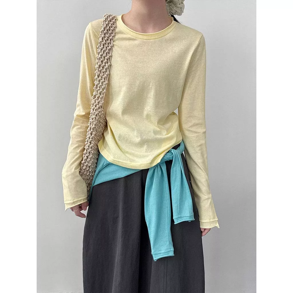 DANDT 簡約百搭正肩雙層卷邊圓領T恤26春新款鈕釦設計感長袖21003(26 MAR LUC)