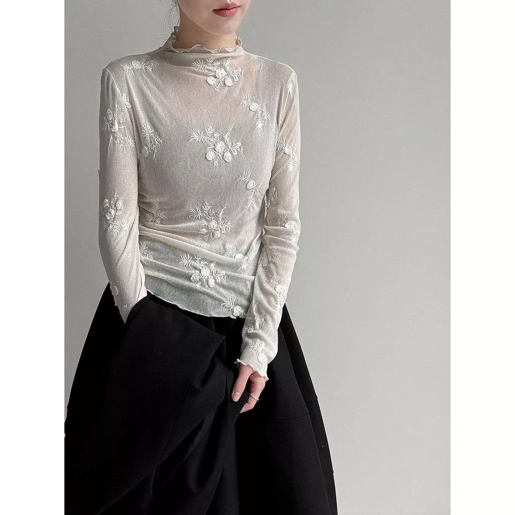 DANDT 溫柔風立領刺繡網紗打底衫女2026早春新款韓系內搭上衣3769(26 MAR LUC)
