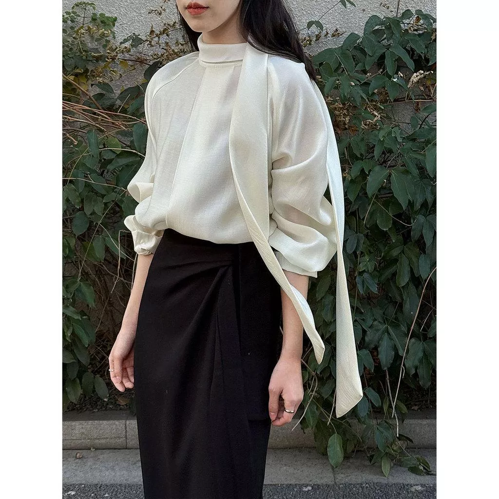 DANDT 法式溫柔立領飄帶長袖襯衫女2026早春新款氣質百搭襯衣89021(26 MAR LUC)