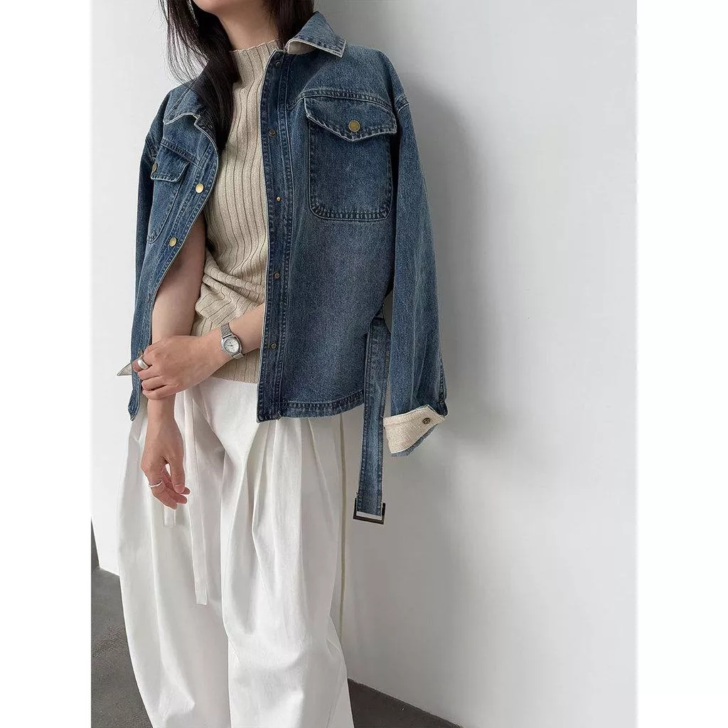 DANDT 復古水洗牛仔外套女2026春季新款翻領繫帶收腰夾克上衣87007(26 MAR LUC)