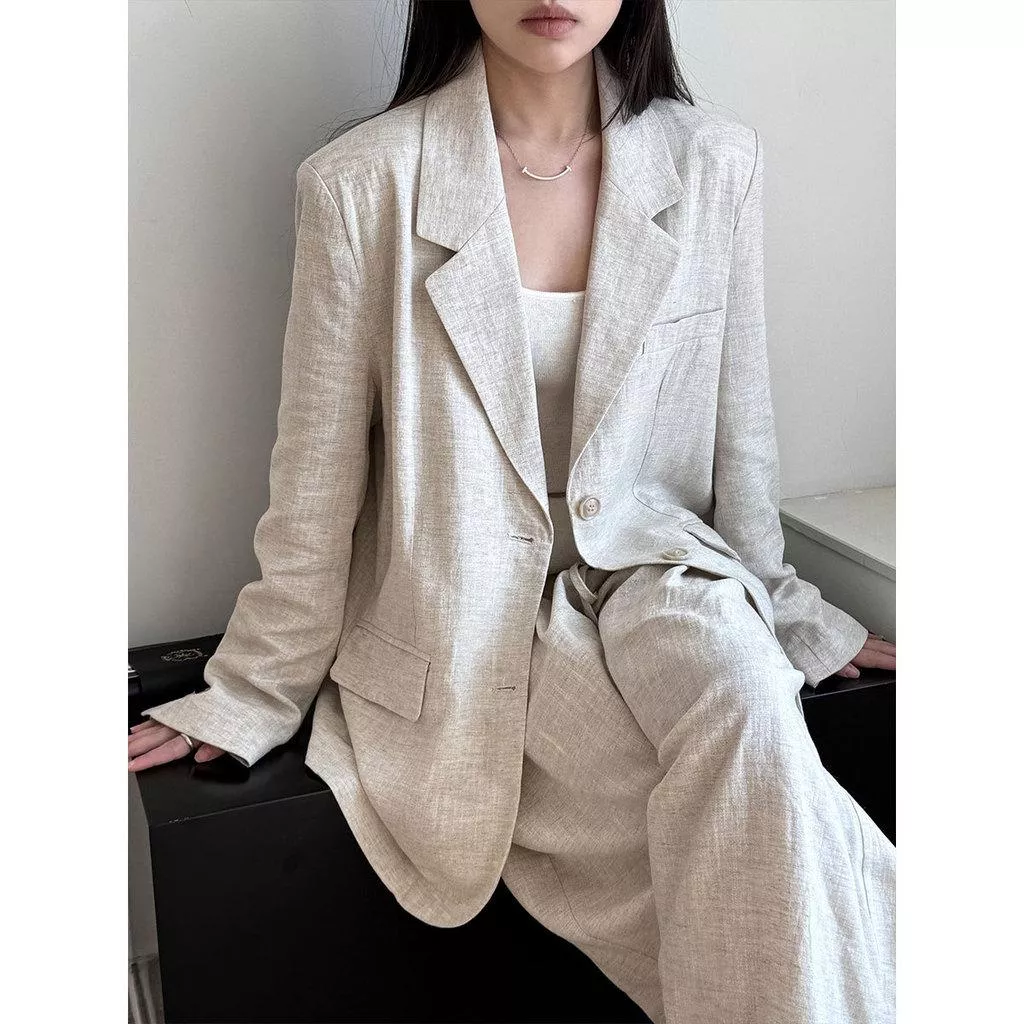 DANDT 高級感穿搭天絲亞麻西裝外套女秋季棉麻小西服+褲子套裝3551(26 MAR LUC)