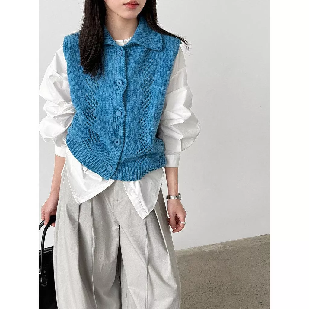 DANDT 韓系翻領針織馬甲女2026春季新款鏤空鉤花無袖坎肩背心ss986(26 MAR LUC)