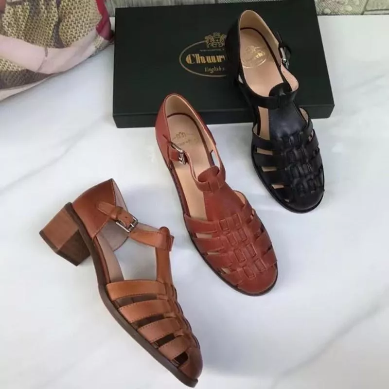 DANDT22夏季新款C*S涼鞋真皮女鞋羅馬鞋粗跟擦色做舊里外全皮中跟編織(23 JUL TRA) 外銷女鞋