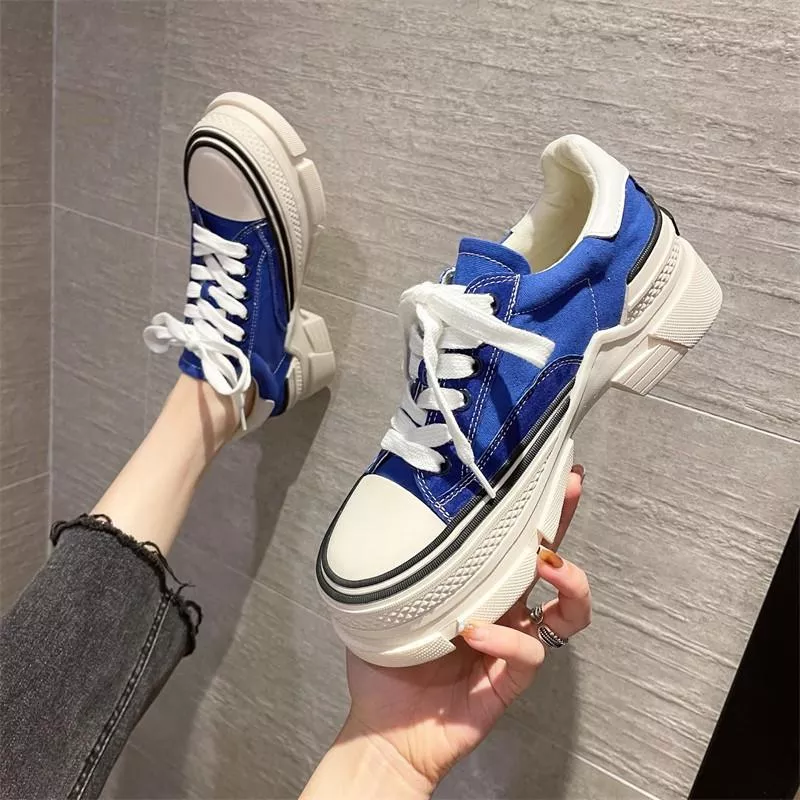 DANDT厚底綠色松糕帆布鞋女春2022新款百搭休閑鞋ins超火女鞋系帶板鞋(24 FEB TATFM) 歐美女鞋