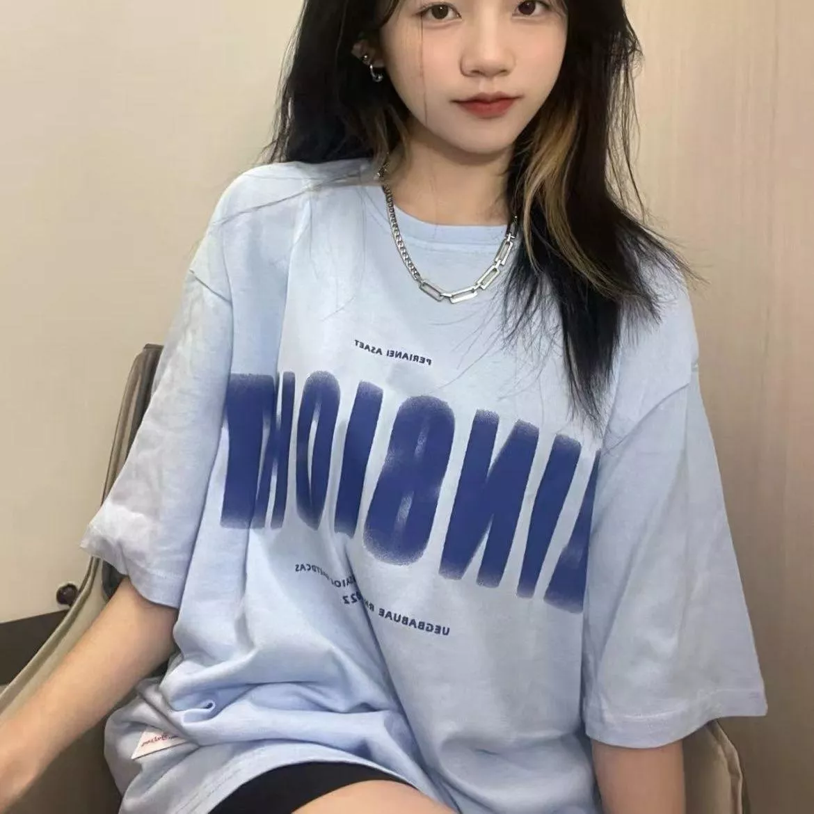 寬鬆百搭奶藍色短袖t恤