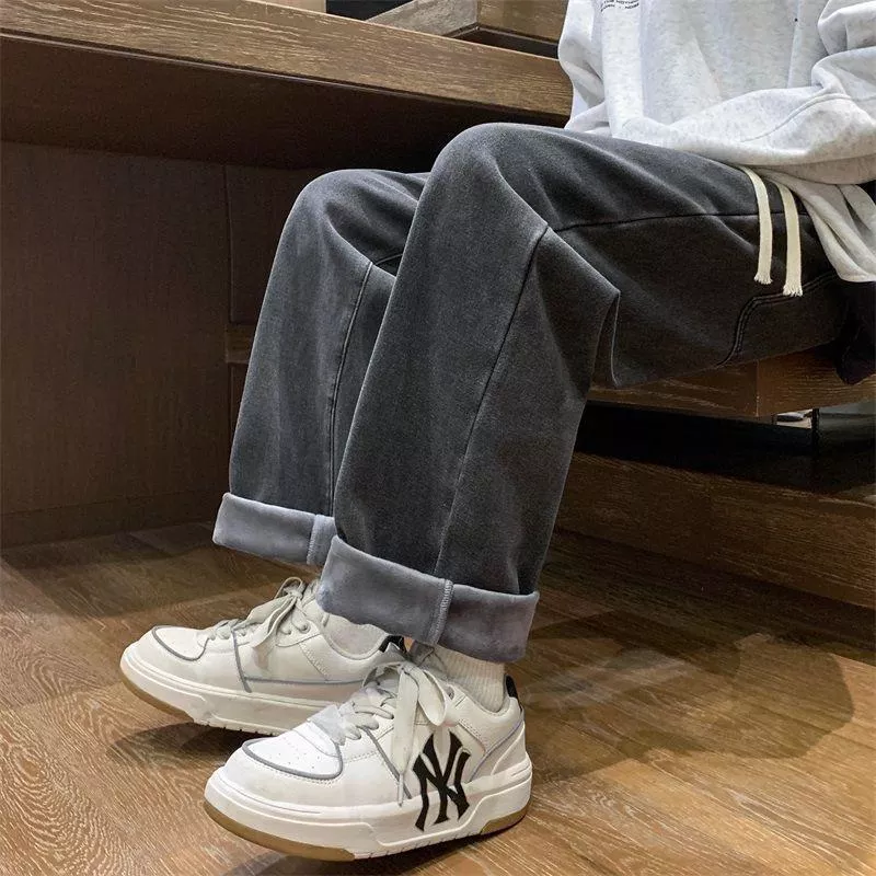 加絨復古美式寬松闊腿牛仔褲