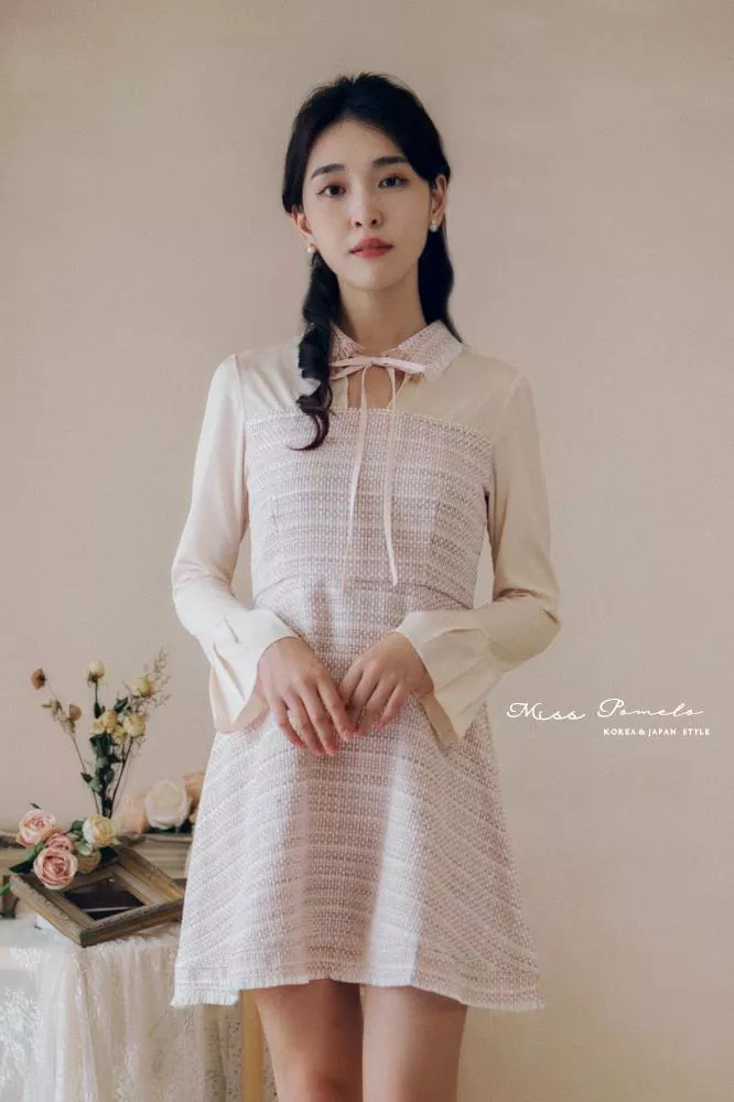 法式溫柔。小香風粗花呢綁帶流蘇珍珠長袖洋裝