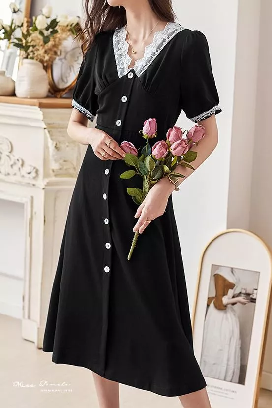 絕版孤品｜法式小眾V領蕾絲拼接收腰顯瘦雪紡洋裝