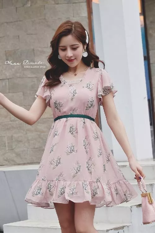 絕版孤品｜唯美風鈴花。法式優雅蝴蝶結緞帶荷葉邊短袖雪紡洋裝