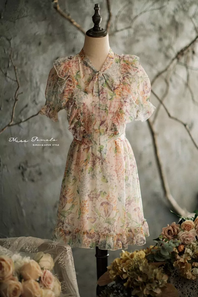 絕版孤品｜韓國油畫感碎花荷葉邊綁帶雪紡洋裝